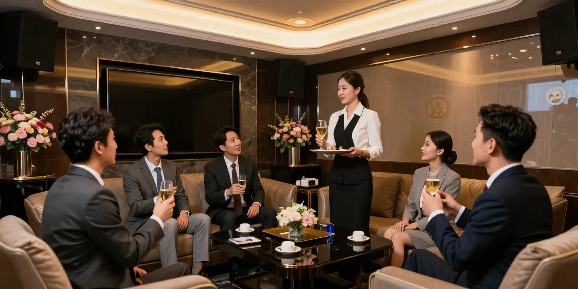 강남쩜오에서 비즈니스 회의를 즐기는 고객과 전문 접객 인력의 모습