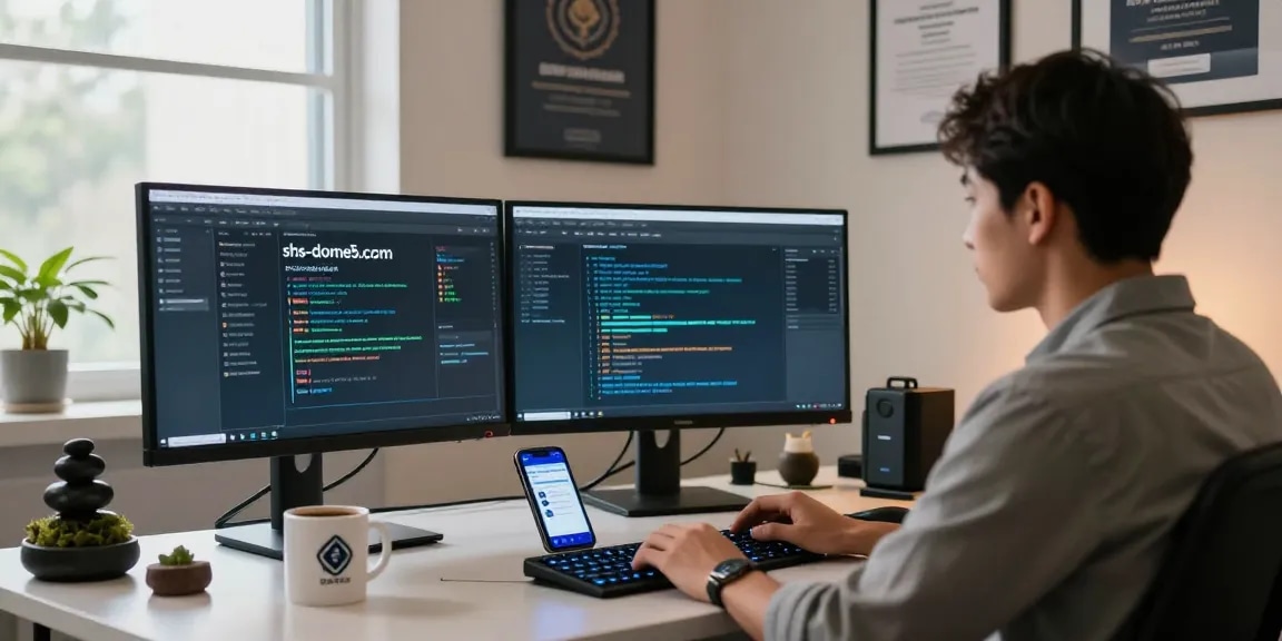 Technician monitoring shs-dome5.com security protocols in a modern digital workspace