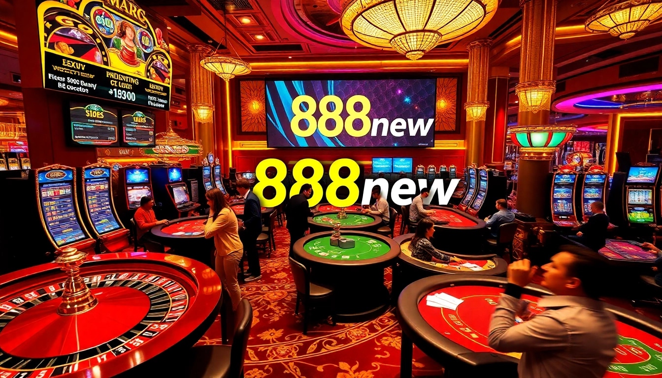 Players enjoy games at a luxurious casino, featuring 888new-themed chips and slot machines.