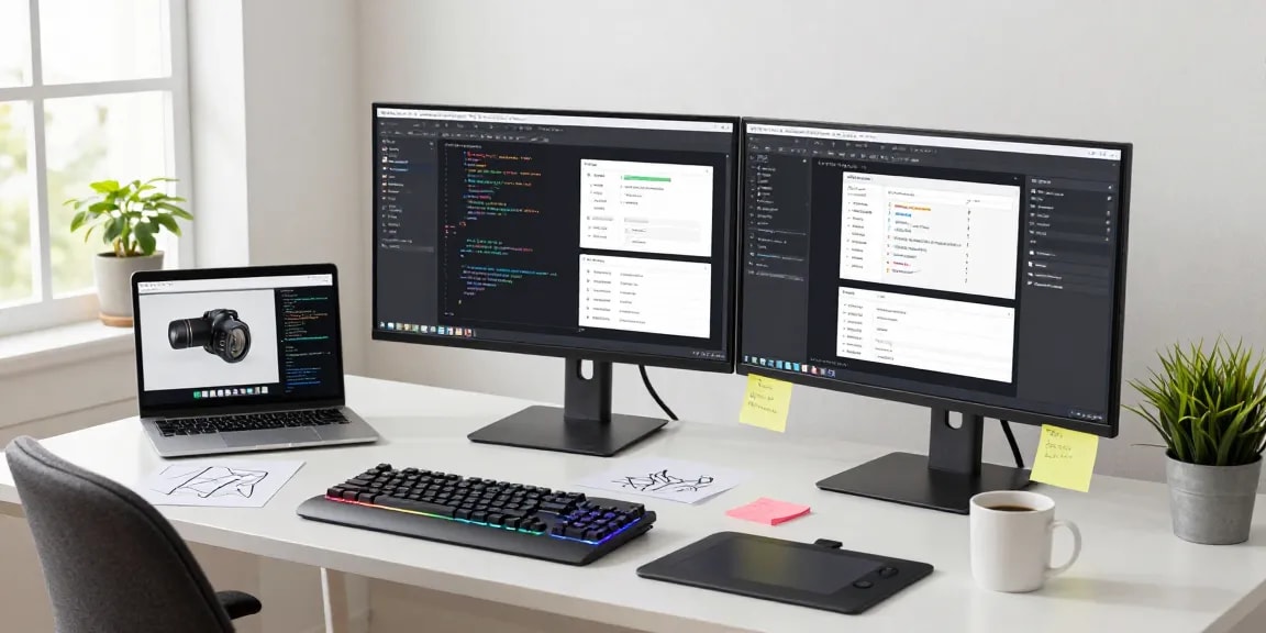 Enhance productivity with 截图软件下载 in a modern tech workspace featuring dual monitors and vibrant creative atmosphere.