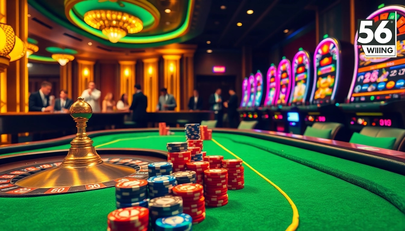 Players celebrate a big win at the 56 WIN casino tables, surrounded by colorful chips and slot machines.