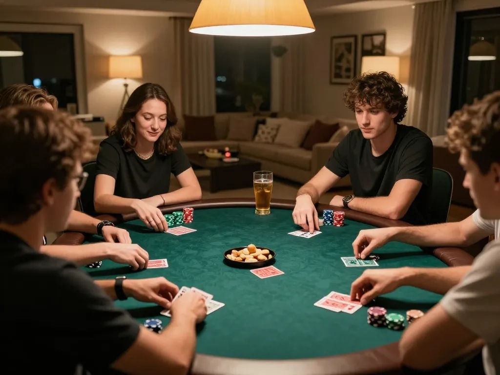 Players enjoying a strategic poker game at home, focusing on sunwin betting techniques.