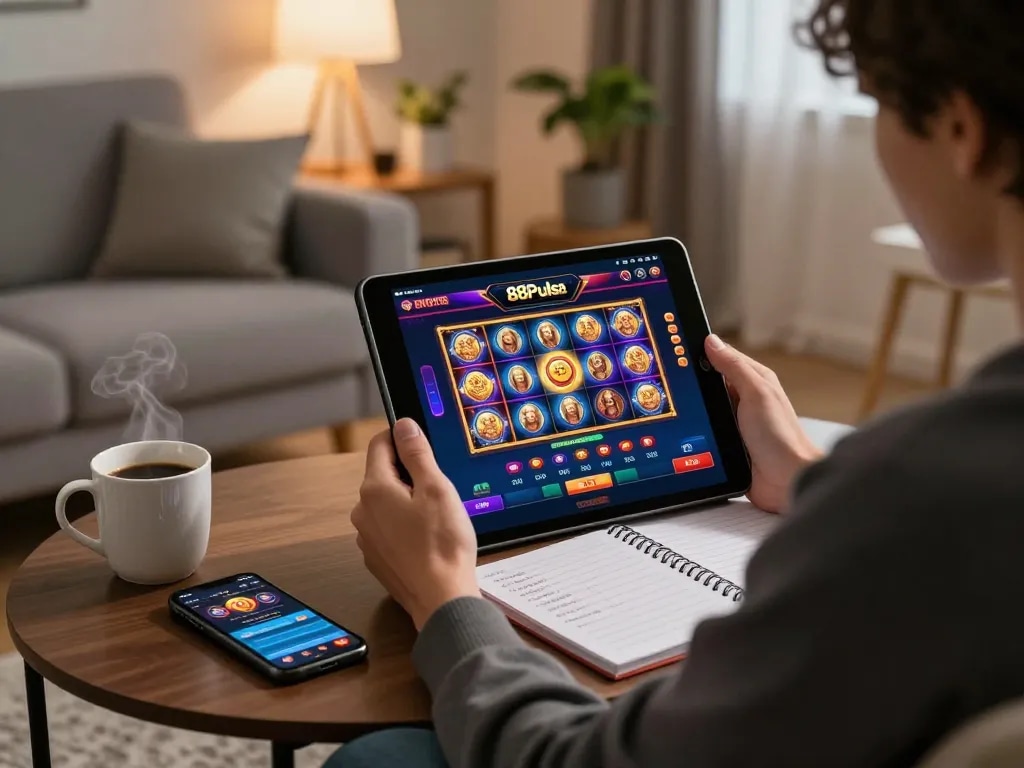 Berinteraksi dengan kasino online 88Pulsa di tablet dalam pengaturan ruang tamu yang nyaman.