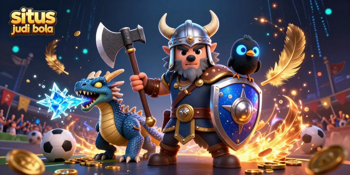 Place bets at situs judi bola with dynamic sports-themed 3D illustration featuring a warrior, dragon, and raven.