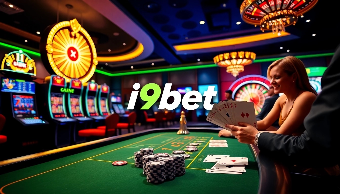 i9bet casino scene showcasing excitement at poker and slot machines with vibrant decorations.