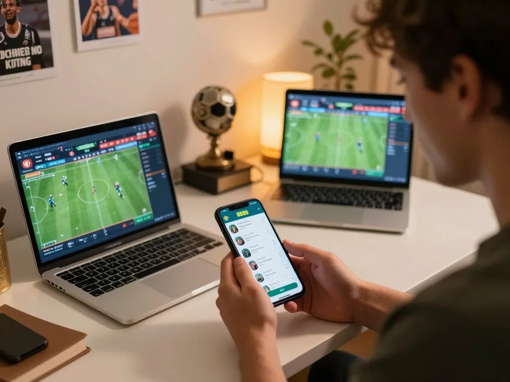 Player engaging with HB88 betting app on smartphone while analyzing game statistics at home.