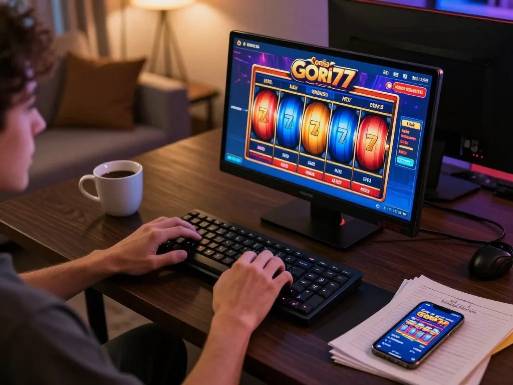 Player enjoying Gori77 slots on tablet, colorful interface highlights winning potential in an inviting home setup