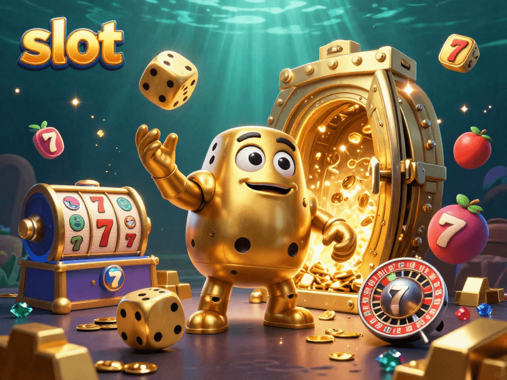 Menangkan slot dengan simbol buah dan dadu emas berkilau di ilustrasi kasino menarik ini.