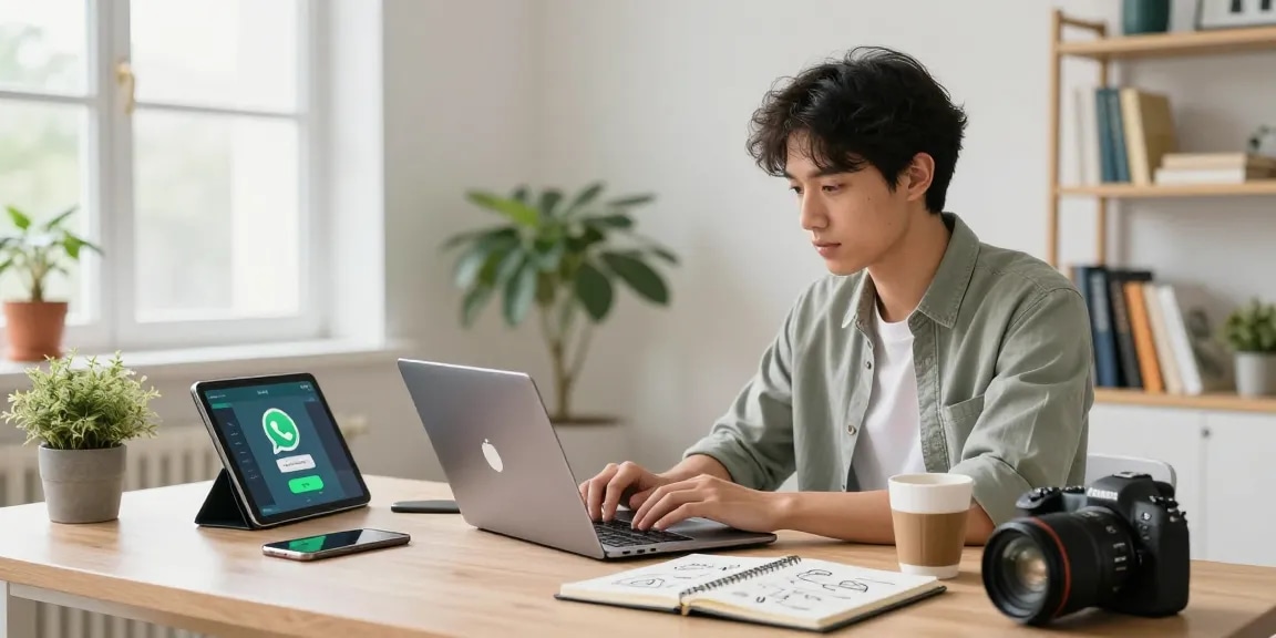 Creative professional exploring WhatsApp下載 features in a bright home office.