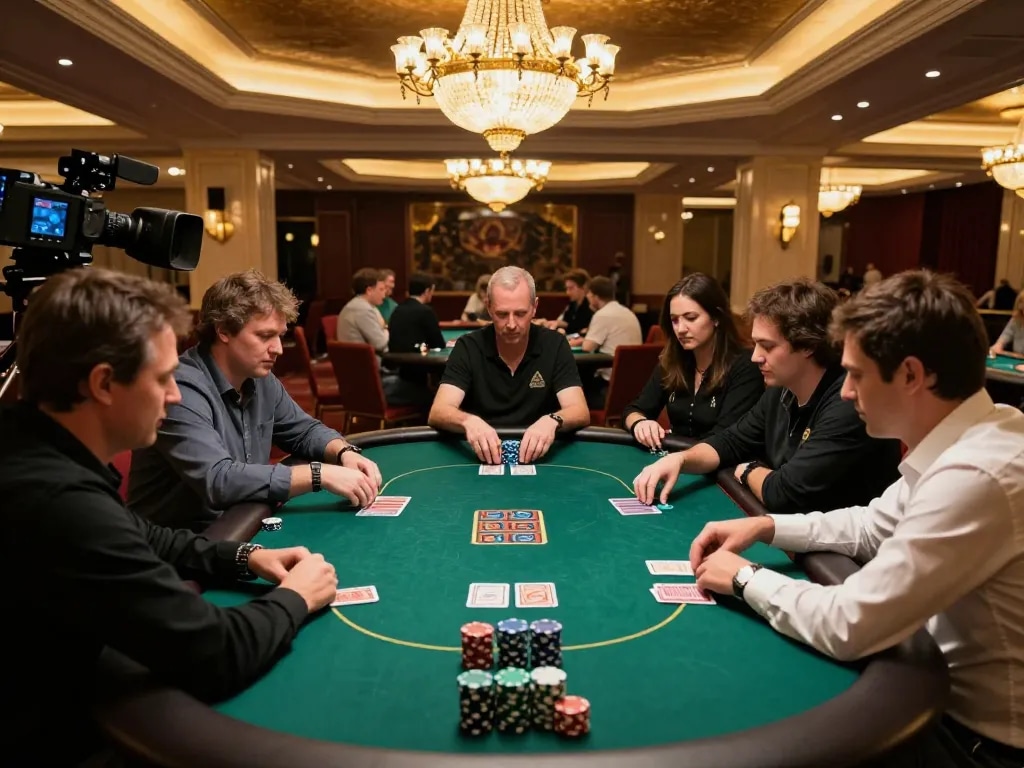 Players enjoying a high-stakes poker game at VIPWIN, showcasing strategic gameplay and luxurious casino atmosphere