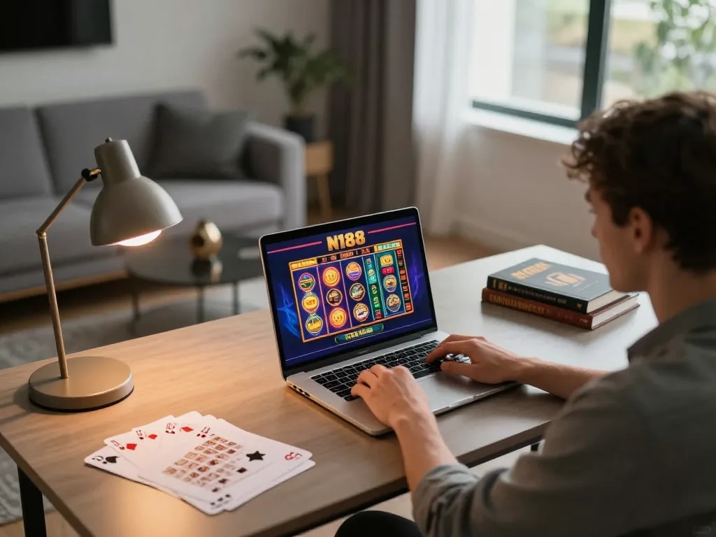 N188 online gaming session with player using laptop in a cozy home setting.