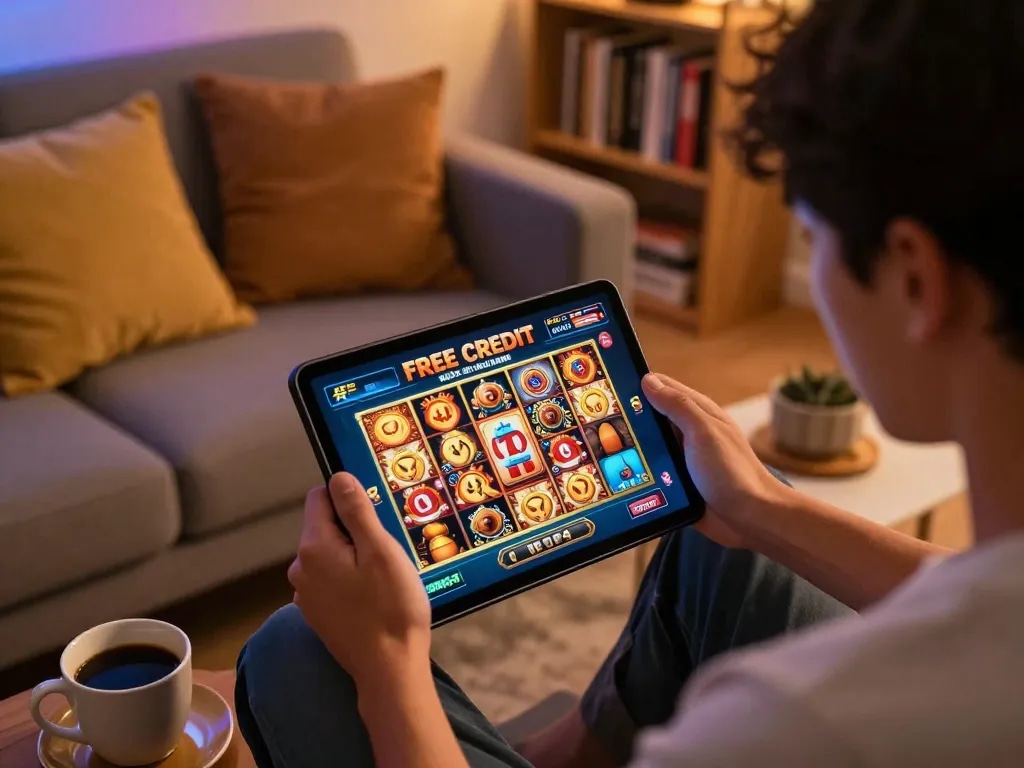 Engaging in link free credit slot Malaysia games on a tablet, capturing excitement in a cozy home gaming scene.