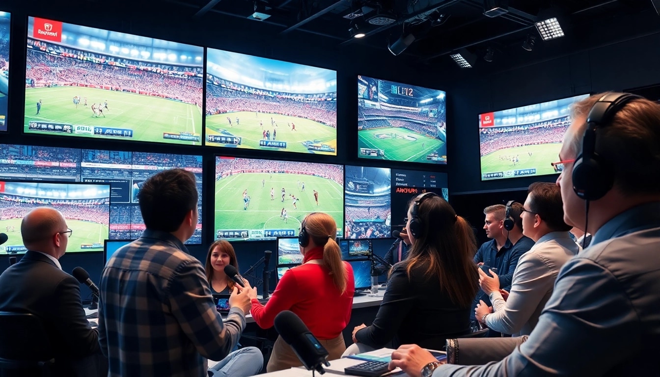 Engaging commentary in Sports Broadcasting studio showcasing live sports highlights with vibrant visuals.