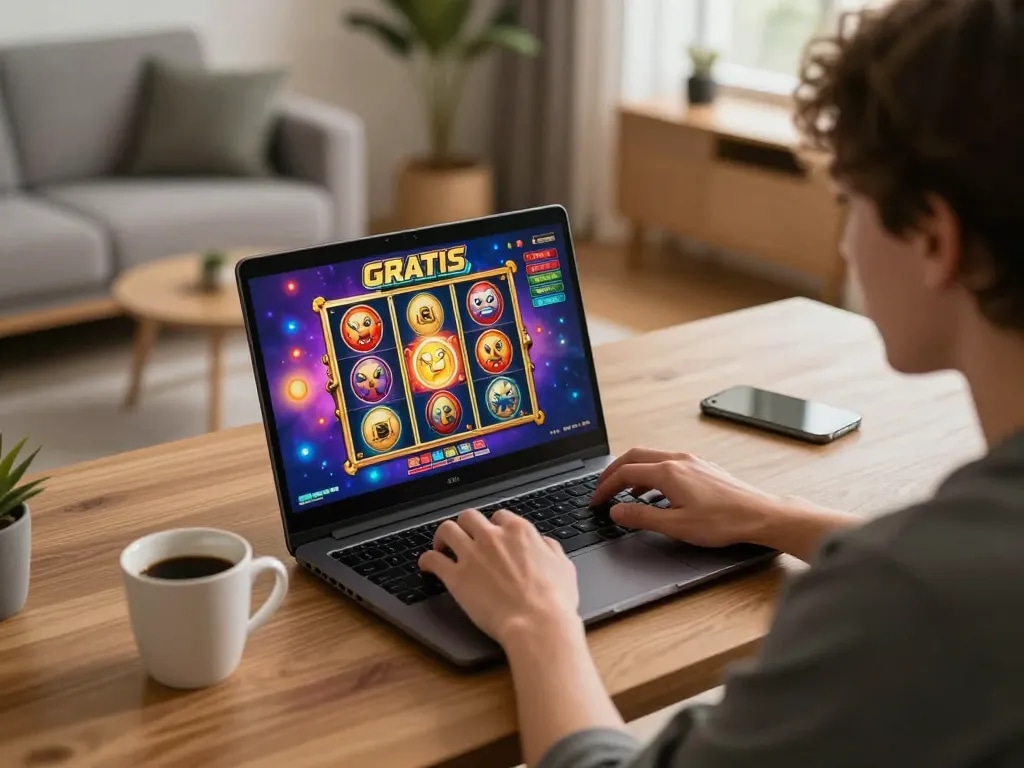 Playing slot gratis on a laptop in a cozy home setup, warm lighting, engaging online gaming