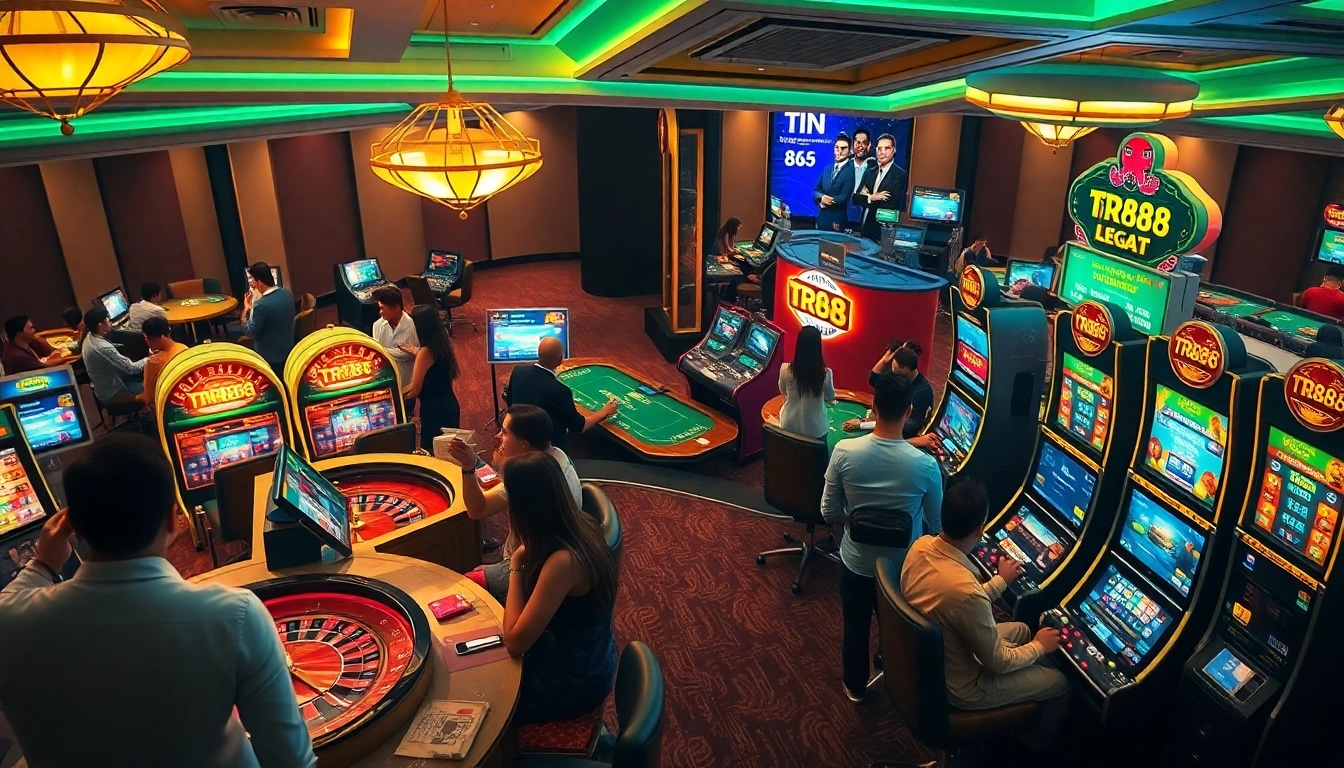Engaged players enjoying the exciting TR88 online gaming environment with roulette and slot machines illuminated in vibrant colors.
