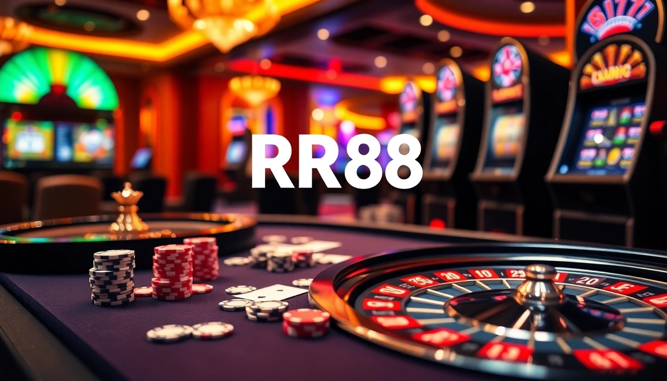 RR88 gaming table filled with poker chips and cards, exemplifying thrilling online gambling action.