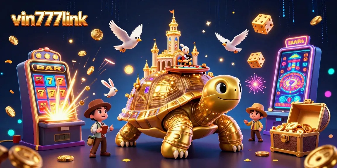 Win big at vin777link with an enchanting casino scene featuring a golden tortoise and thrilling game elements.