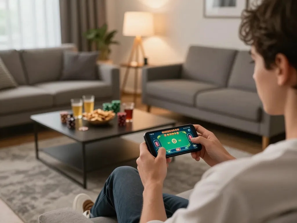 Player engaging with kkwin casino app on smartphone in a cozy living room setup.