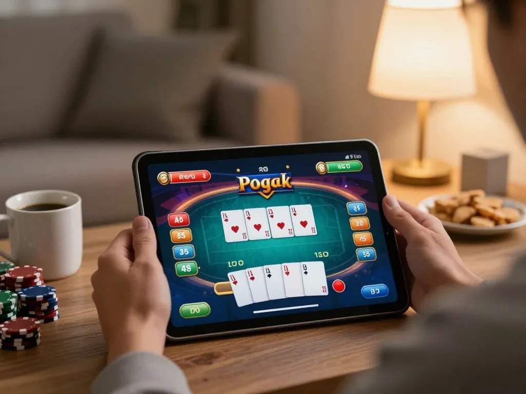Engaging in w 88 mobile poker gameplay in a cozy home setting, showcasing vibrant game graphics.