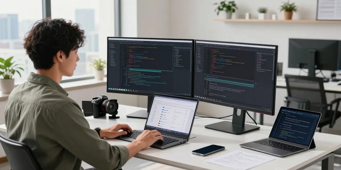 Workspace scene showcasing a developer coding on screens at 纸飞机中文版官网.