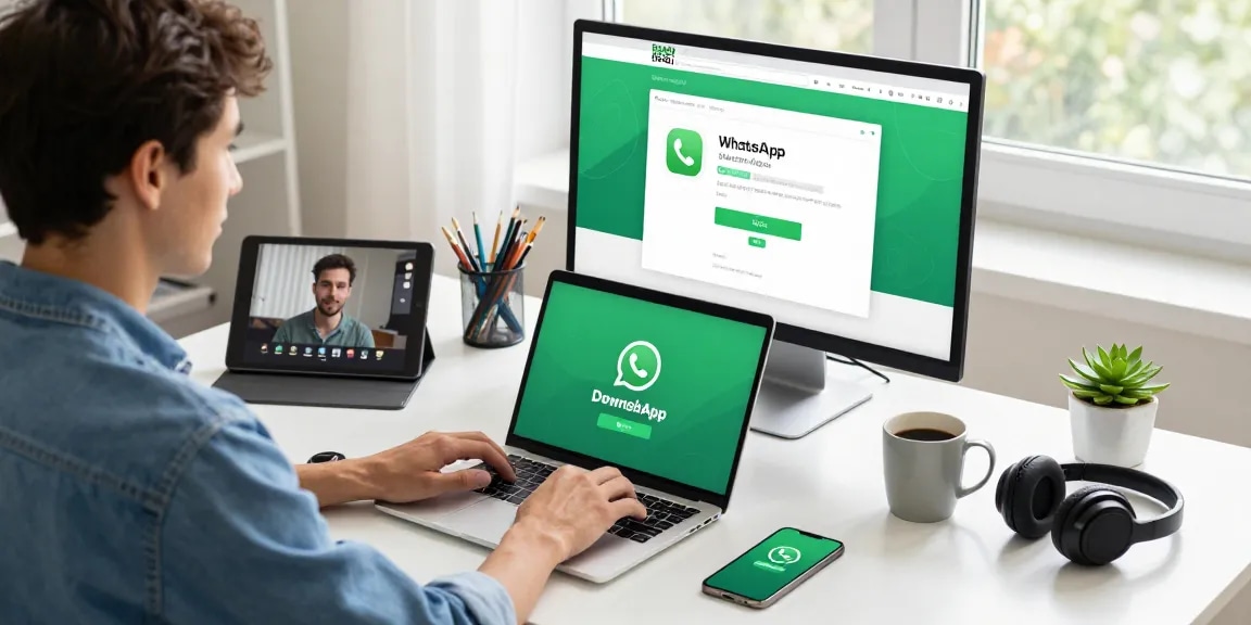 Young adult downloading WhatsApp on laptop in a modern home office setting. WhatsApp下載 in focus with tech gadgets around.