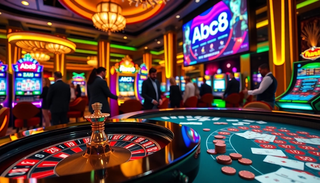 Experience the thrill of gambling at ABC8 with vibrant roulette and slot machines.