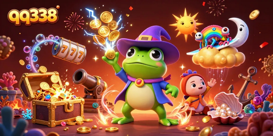 Engage with qq338 through a stunning 3D illustration of a wizard frog and chameleon amidst golden coins and gaming symbols.