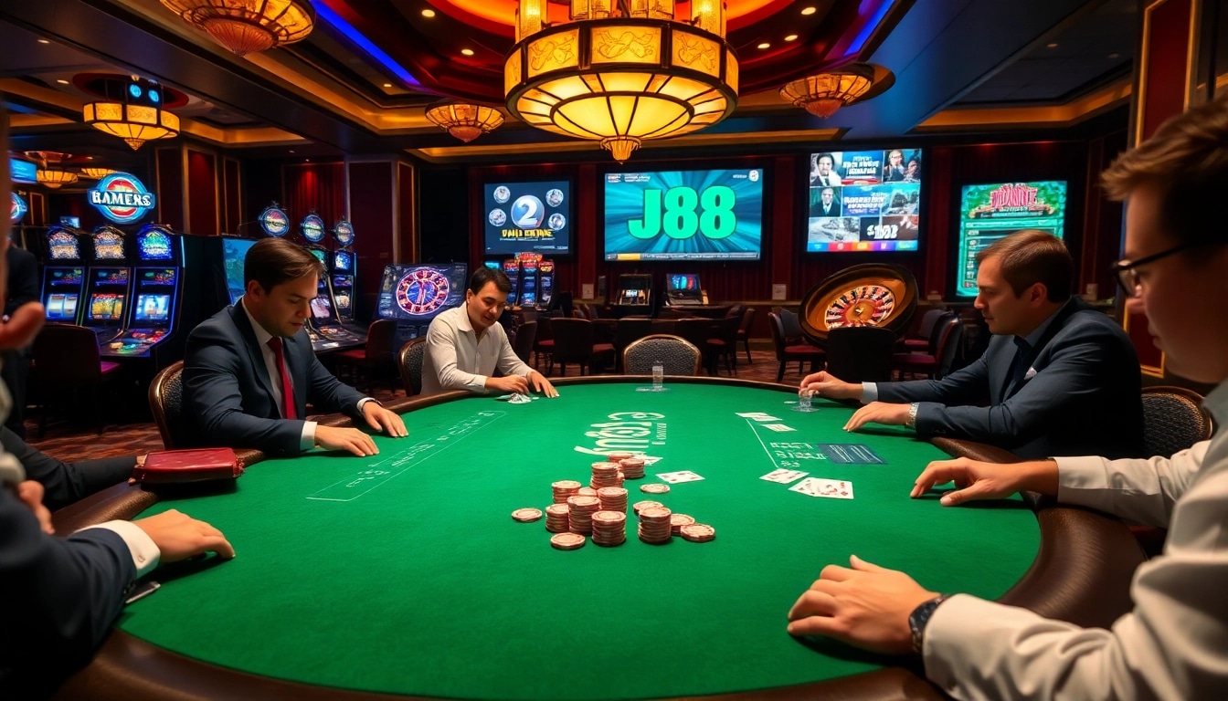 Engage in high-stakes poker action at the j88 casino, with luxurious chips and cards.