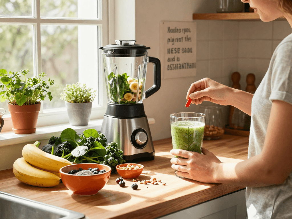 Preparing a vegan astaxanthin supplement smoothie in a bright kitchen.
