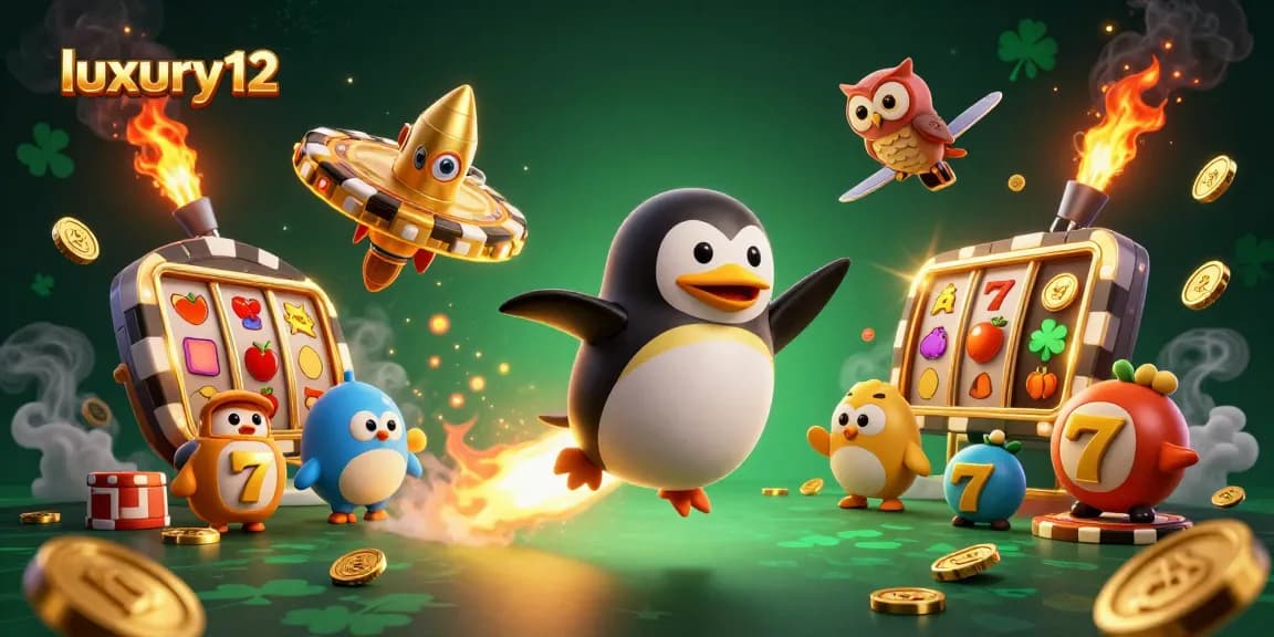 Engage in thrilling gaming with luxury12 as a golden penguin and casino elements unite.