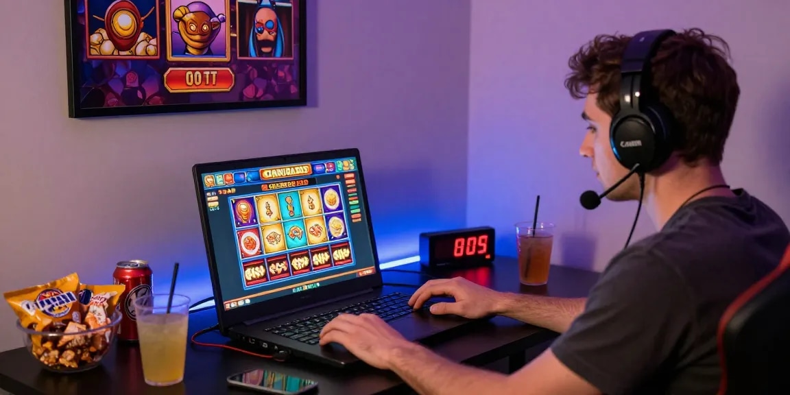 Player enjoying garuda303 online slot games in a cozy gaming setup with vibrant colors and snacks.