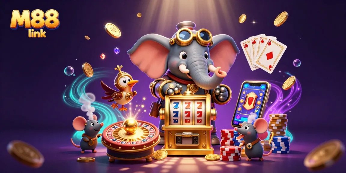 Cascading golden coins and colorful poker chips highlight M88 link in a dynamic 3D casino scene.