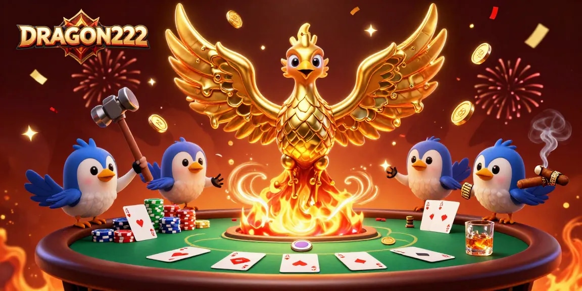 Engage with DRAGON222 for thrilling poker wins amidst a mesmerizing 3D phoenix scene.