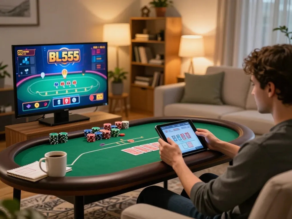 Engaging in BL555 online casino gaming from a cozy home setup with tablet.