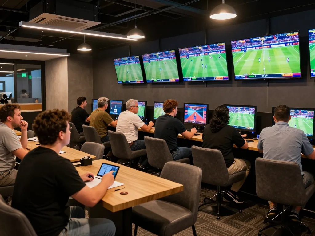 Engaged bettors strategizing at a nhacaiuytin sports betting lounge with vibrant screens and dynamic atmosphere.