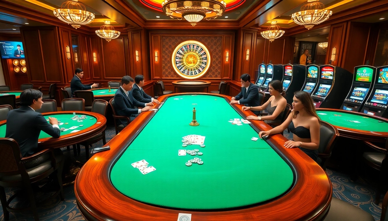 Players enjoying poker at GG88's vibrant casino with colorful slot machines.