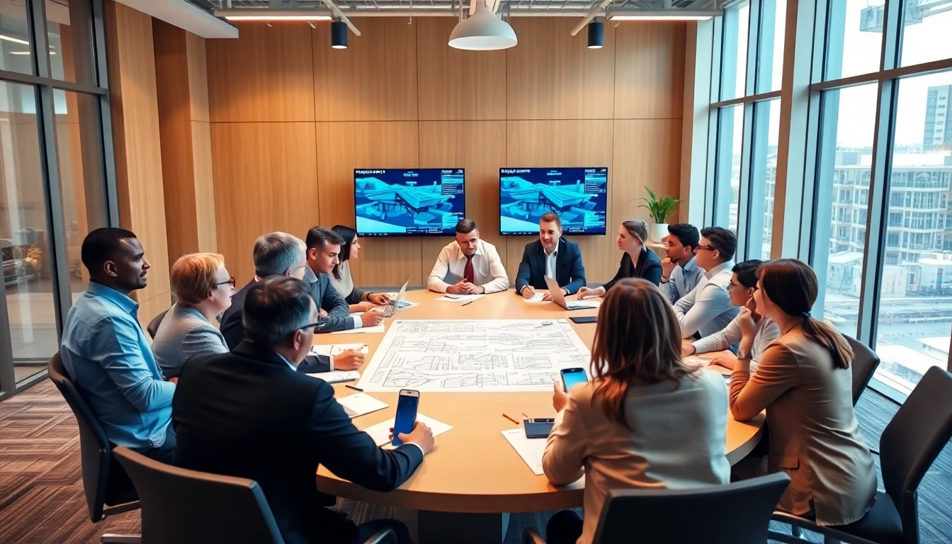 Construction association professionals collaborating in a bright conference room.