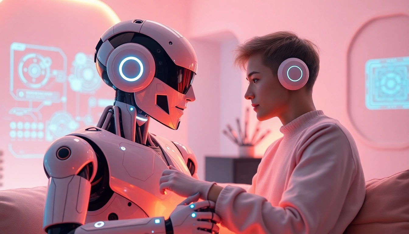 An engaging ai sex bot interacting warmly with a user in a futuristic environment, showcasing advanced technology.