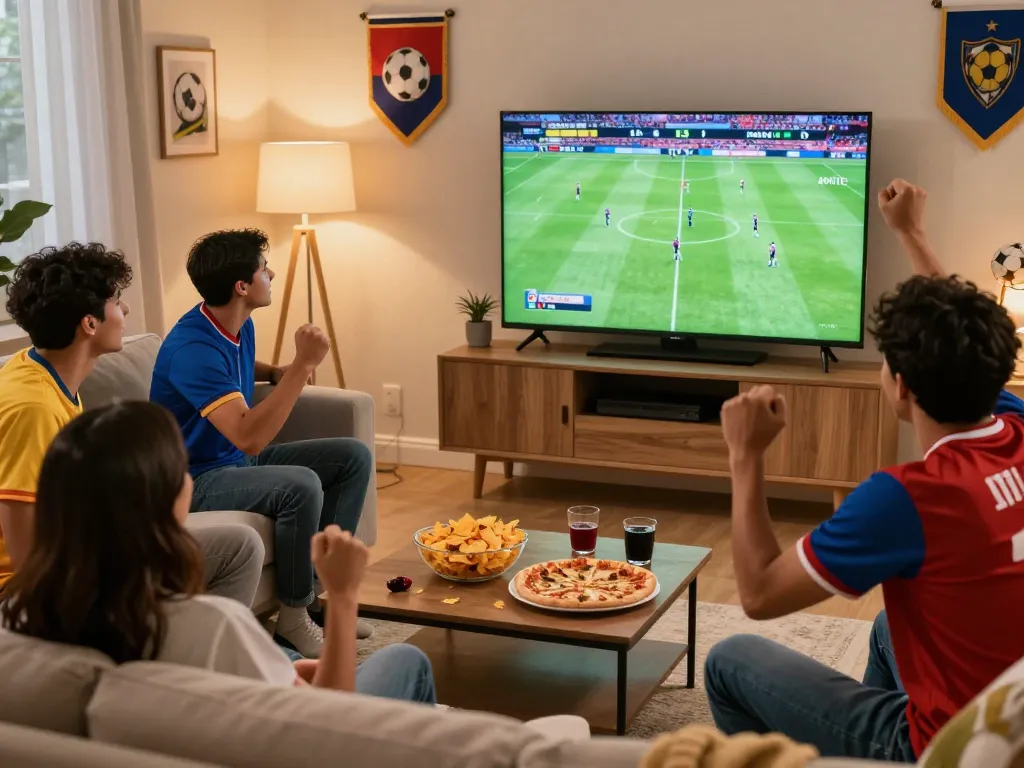 Friends enjoying a lively football match together, showcasing Cakhiatv experience in a cozy living room with team spirit.