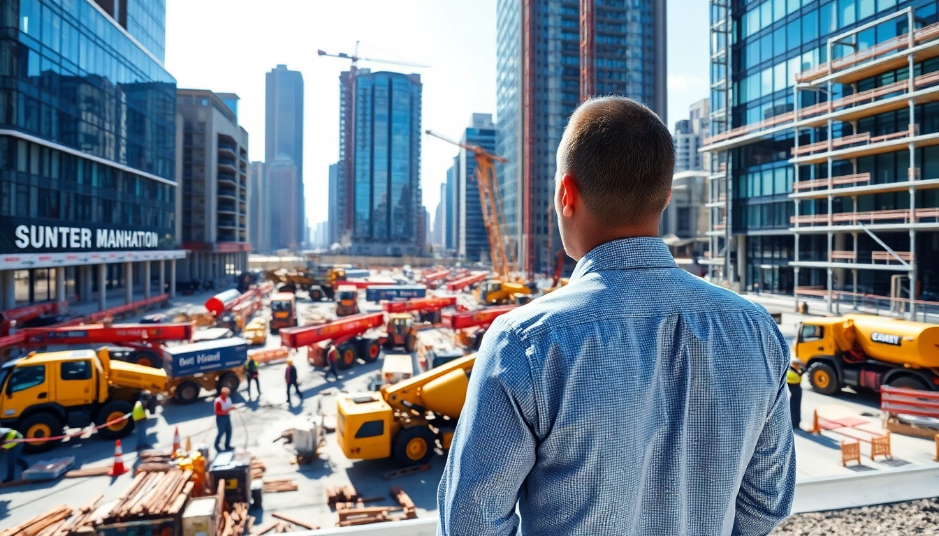 Manhattan Construction Manager actively supervising a dynamic construction site with workers and machinery.