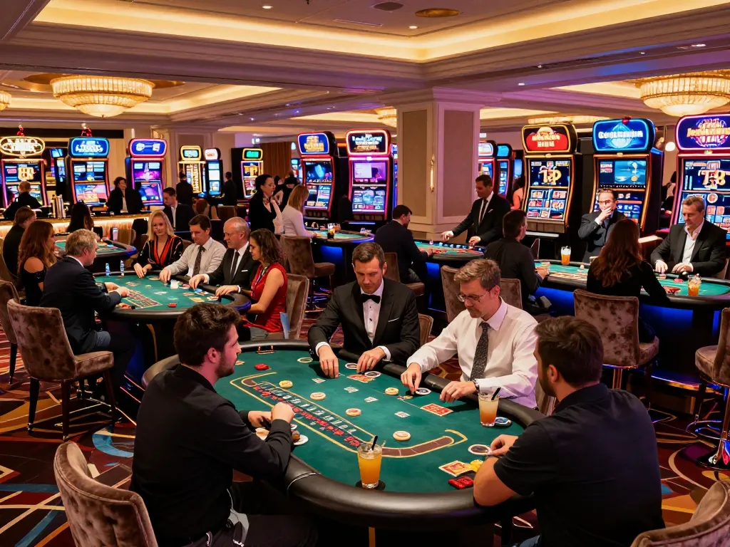 Experience the excitement of 789WIN at a vibrant Vegas casino with blackjack tables and players calculating odds.