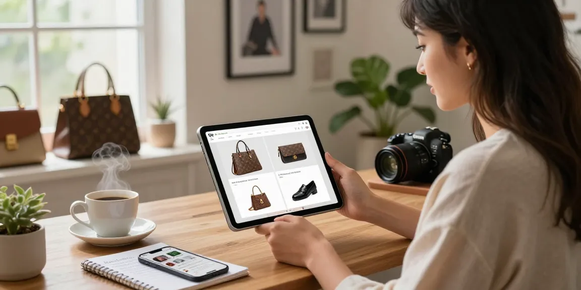Engaging online shopping experience with a user browsing 레플리카 사이트 on tablet showcasing luxury products.