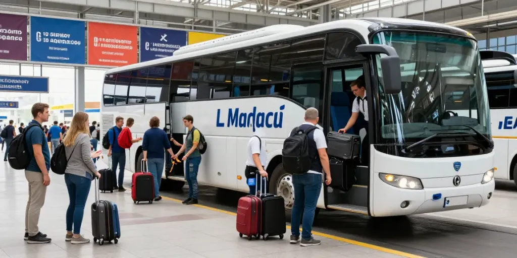 Transport internațional Moldova - pasageri și colete la un terminal aglomerat din Europa.