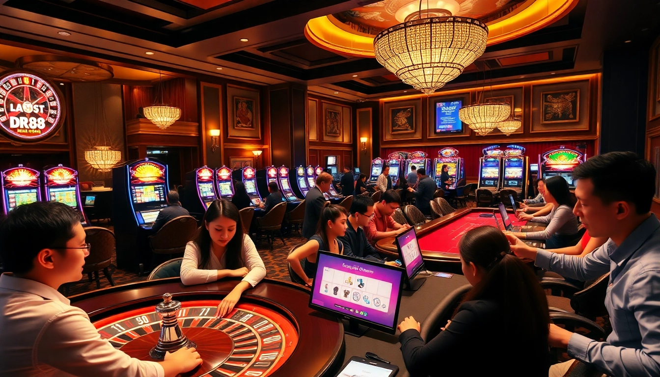 Exciting scene of gamblers at a casino featuring Đăng ký DR88 for enhanced betting experiences.
