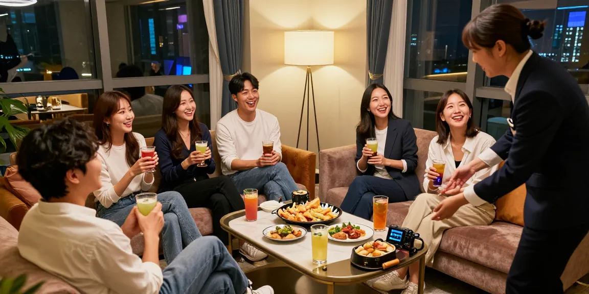 강남 구구단에서 친구들과 즐거운 시간을 보내는 모습으로, 아늑한 룸의 분위기를 담고 있습니다.