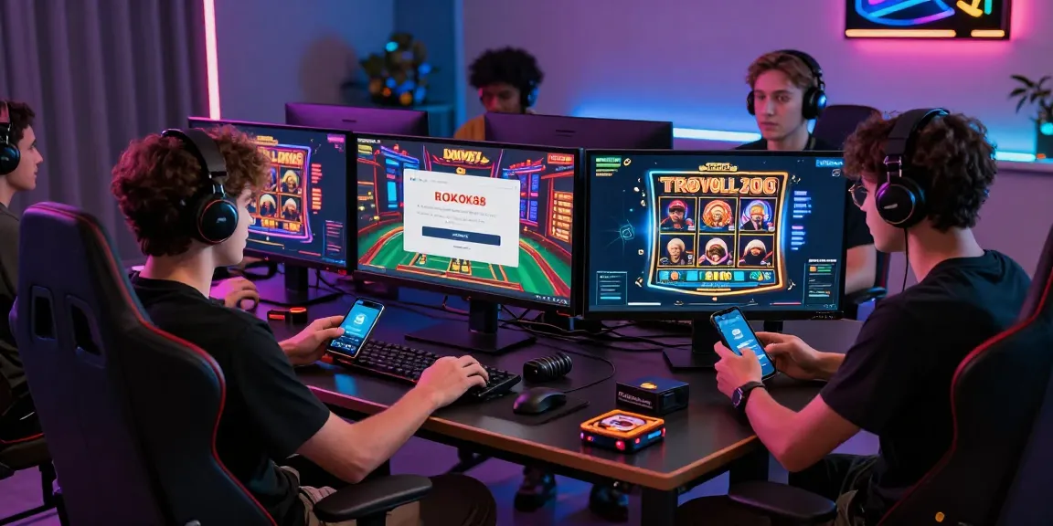 Excited gamers accessing ROKOK88 login, showcasing vibrant online gaming atmosphere.