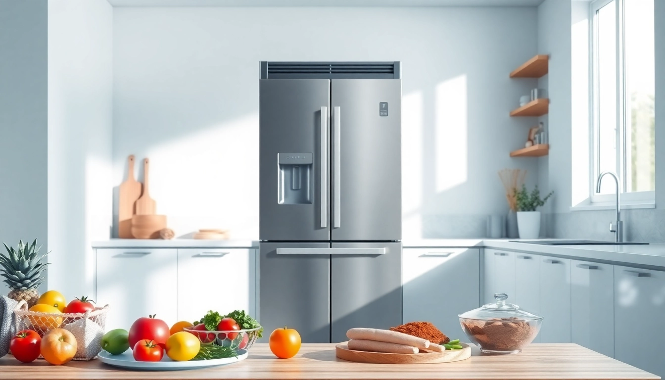 Artfully arranged fresh produce next to a modern Freezer in a bright kitchen.