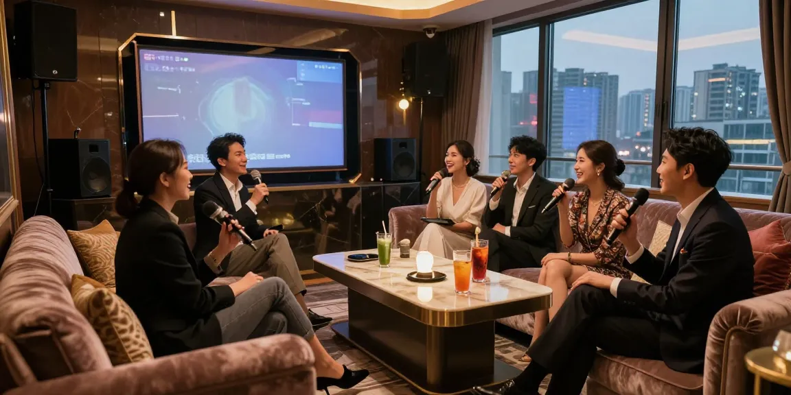 강남구구단의 고급스러운 프라이빗 노래방 내부 모습, 도시 경관이 잘 보이는 창문과 아늑한 조명
