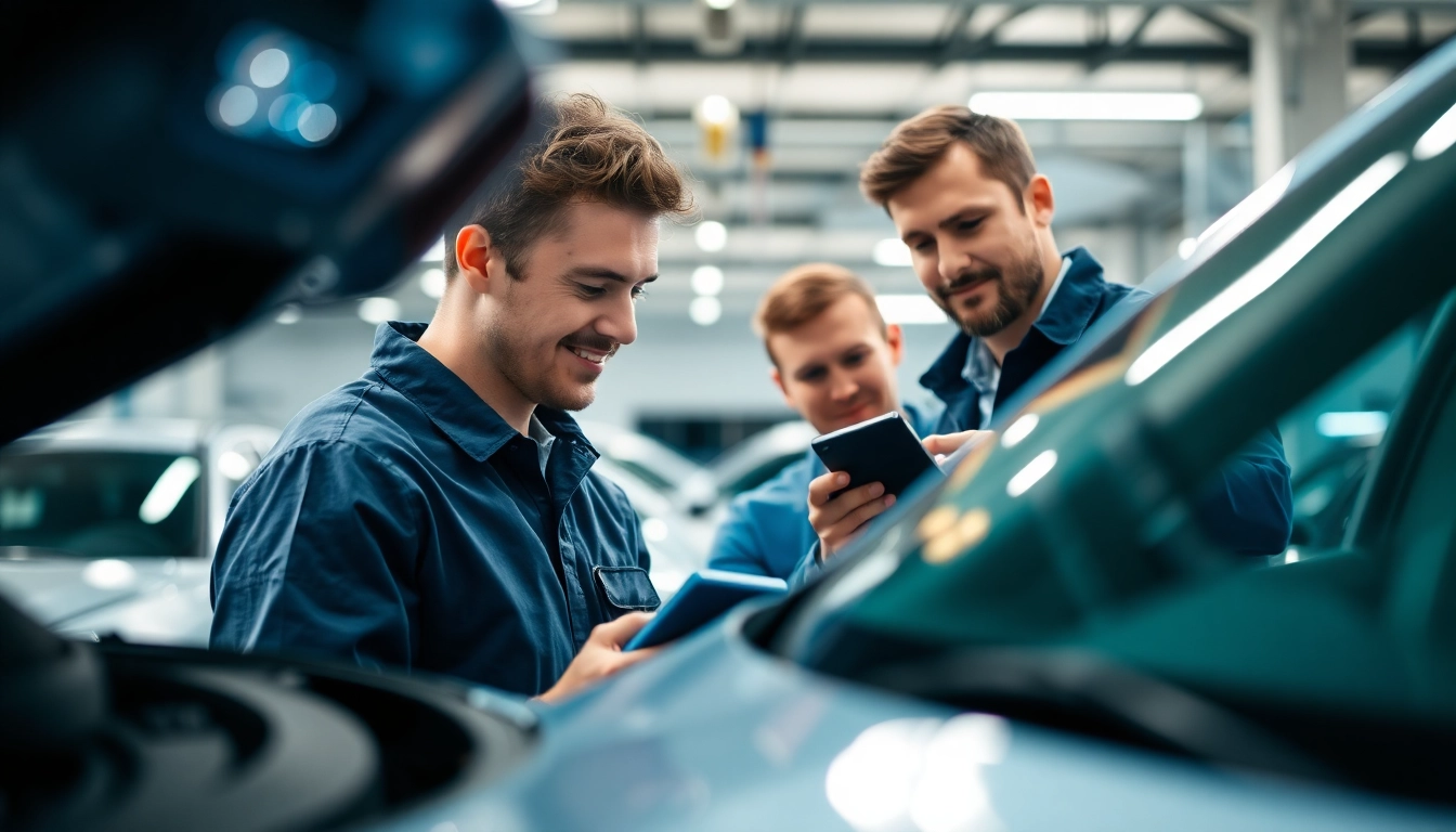 Understanding extended auto warranty through mechanics examining a car in a professional setting.