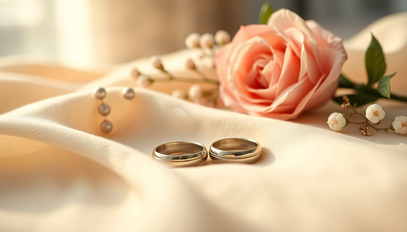 花のアクセントをあしらった豪華な生地の上に美しく展示されたエレガントな結婚指輪(結婚指輪)